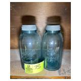 PAIR OF HALF GALLON BALL BLUE GLASS JARS WITH ZINC