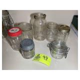 GROUP OF MISC GLASS CANNING JARS, KERR, BALL, ONE