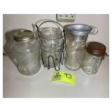 GROUP OF GLASS CANNING JARS, ONE WITH ZINC TOP, ME