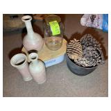 GROUP INCLUDING DECORATIVE VASES, AND CAST IRON PO