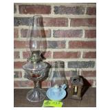 LARGE OIL LAMP 18 IN AND CANDLE WITH SHADE 9 IN
