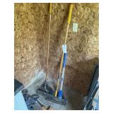 GROUP OF RAKES AND PICKAXE