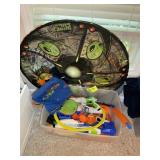 PLASTIC TOTE WITH MISCELLANEOUS TOYS, NERF GUNS, A