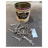 CHARLEY'S CHIP TIN WITH MISC. VINTAGE OPEN-END WRE