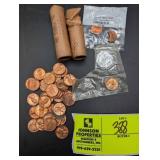 GROUP OF PENNIES, ONE UNOPENED ROLL, COPPER PENNIE