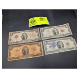 GROUP OF 4, 2 DOLLAR BILLS, 2X 1963, 1X 1953, 1X 1
