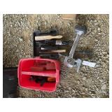 DOUBLE TUB WITH CAULK GUNS, CARPET STRETCHER, WIRE