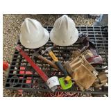 GROUP OF MISC TOOLS, TOOL BELT, HAMMER, PRY BAR, H