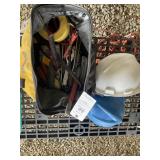 BAG WITH MISC TOOLS, PRY BARS, ADJUSTABLE WRENCHES