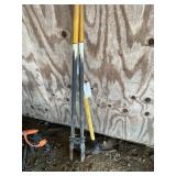 GROUP OF YARD TOOLS, POST HOLE DIGGER AND PICK AXE
