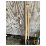 GROUP OF YARD TOOLS, POST HOLE DIGGER AND BUSH AXE
