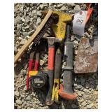 GROUP OF HAND TOOLS, HAMMER, PRY BAR, RAMSET
