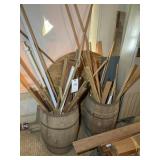 PAIR OF WOODEN KEGS WITH ASSORTED SCRAP LUMBER