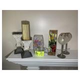 CONTENTS ON LEFT SIDE OF MANTLE, CANDLE HOLDERS, L