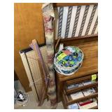 GROUP OF SEWING RELATED ITEMS, FABRIC, YARD STICK,