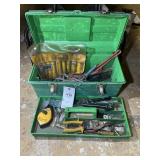 GREEN PLASTIC TOOL BOX WITH PIPE WRENCHES, PLIERS,