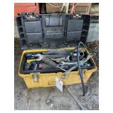 PLASTIC TOOL BOX WITH ASSORTED HAND TOOLS, WRENCHE