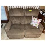 LAZY BOY RECLINING LOVE SEAT, BROWN UPHOLSTERED
