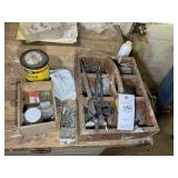 VINTAGE WOODEN TOOL BOX WITH MISC NAILS