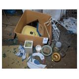 BOX WITH MISCELLANEOUS PLANTERS, JARS, WOOD PLAQUE