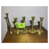 GROUP OF BRASS COLORED CANDLESTICK HOLDERS 6 IN TO