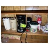 SHELF IN PANTRY WITH MISC KITCHEN ITEMS, WATER PIT
