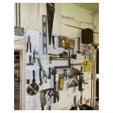WALL OF MISC TOOLS, SQUARE, HAMMERS, ETC