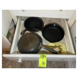 SECOND DRAWER WITH MISC FRYING PANS, ONE CAST IRON