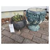 METAL KETTLE 9 IN TALL AND CONCRETE PLANTER 14 IN