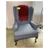 UPHOLSTERED ARM CHAIR, WOODEN LEGS, BLUE