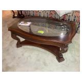 WOODEN GLASS TOP COFFEE TABLE, 50 IN X 32 IN X 19.