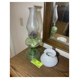 GROUP INCLUDING URANIUM GLASS OIL LAMP AND DIMPLED