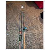 GROUP OF VINTAGE FISHING, POLES AND REEL