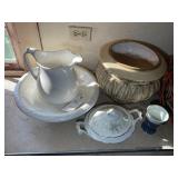 WASH BOWL AND PITCHER, COVERED DISH, PLANTER