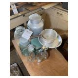 GROUP INCLUDING, GLASS JARS, MILK JUG, DECANTERS,