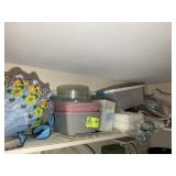 CONTENTS OF SHELF, TABLE CLOTHS, TO GO TRAYS, PLAS