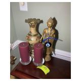 GROUP INCLUDING BRASS VASE 14 IN TALL, STATUE, CAN
