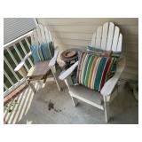 PAIR OF ADIRONDACK CHAIRS AND METAL FRAME TABLE