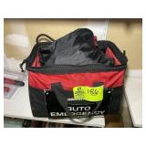 TOOL BAG WITH MISC AUTOMOTIVE ITEMS, JUMPER CABLES