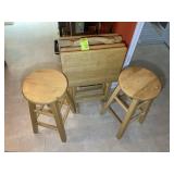 PAIR OF WOODEN BAR STOOLS AND WOODEN TV TRAYS
