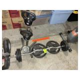 GROUP OF WEIGHTS, KETTLEBELLS, PREACHER CURL BAR,