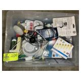 TOTE WITH MISC LIGHTBULBS, TIMER, CORDS, ETC