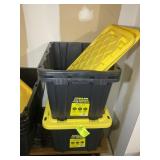 GROUP OF 3 BLACK STORAGE TOTES WITH YELLOW LIDS