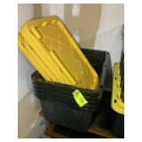 GROUP OF 5 BLACK STORAGE TOTES WITH YELLOW LIDS