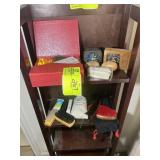 GROUP OF MISC ITEMS, SHOE HORNS, CLOCKS, SHOE BRUS