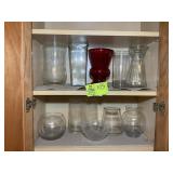 TWO SHELVES OF MISC GLASS VASES