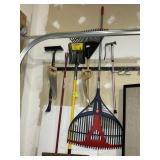 GROUP OF YARD TOOLS, RAKES, SHOVEL, SAWS