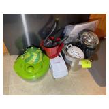GROUP OF KITCHEN ITEMS, SALAD SPINNER, STRAINERS,