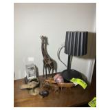 SMALL TABLE LAMP, WOODEN FIGURINES, ETC