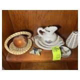 GROUP OF DECORATIVE ITEMS, BASKET, MINATURE WASH B